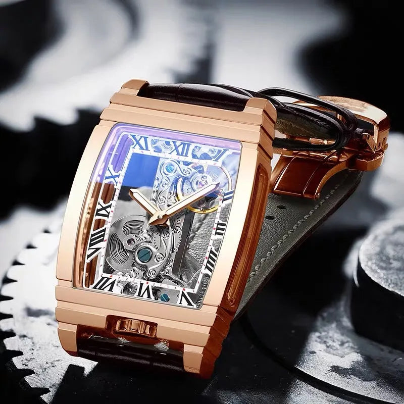 Unisex square stainless steel mechanical watch with leather strap and white dial.