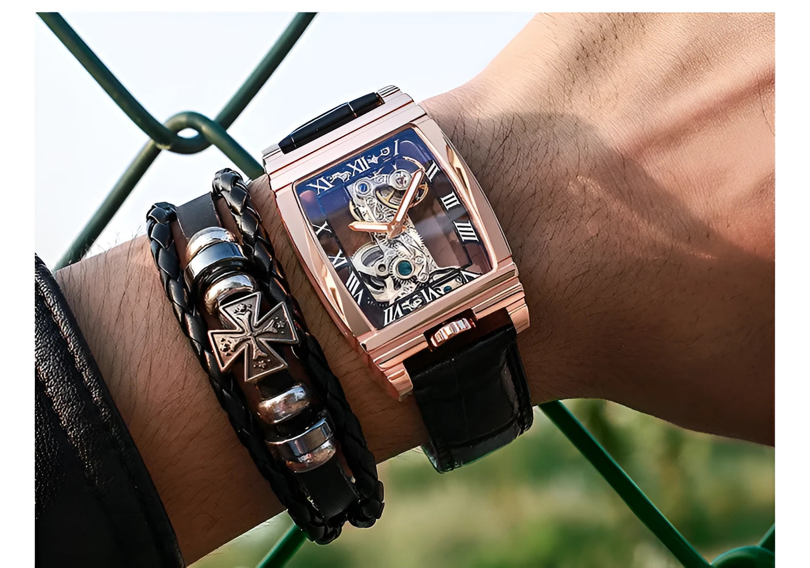 Unisex square stainless steel mechanical watch with leather strap and white dial.