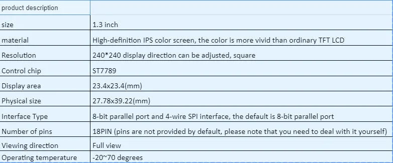 1.3 inch 240x240 IPS LCD colour display module with 18-pin connector.