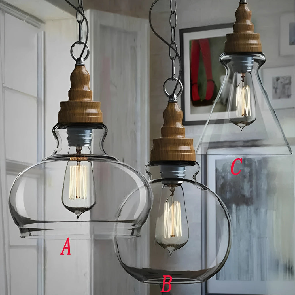 Glass wood grain single head pendant light with adjustable cord in a Nordic style.