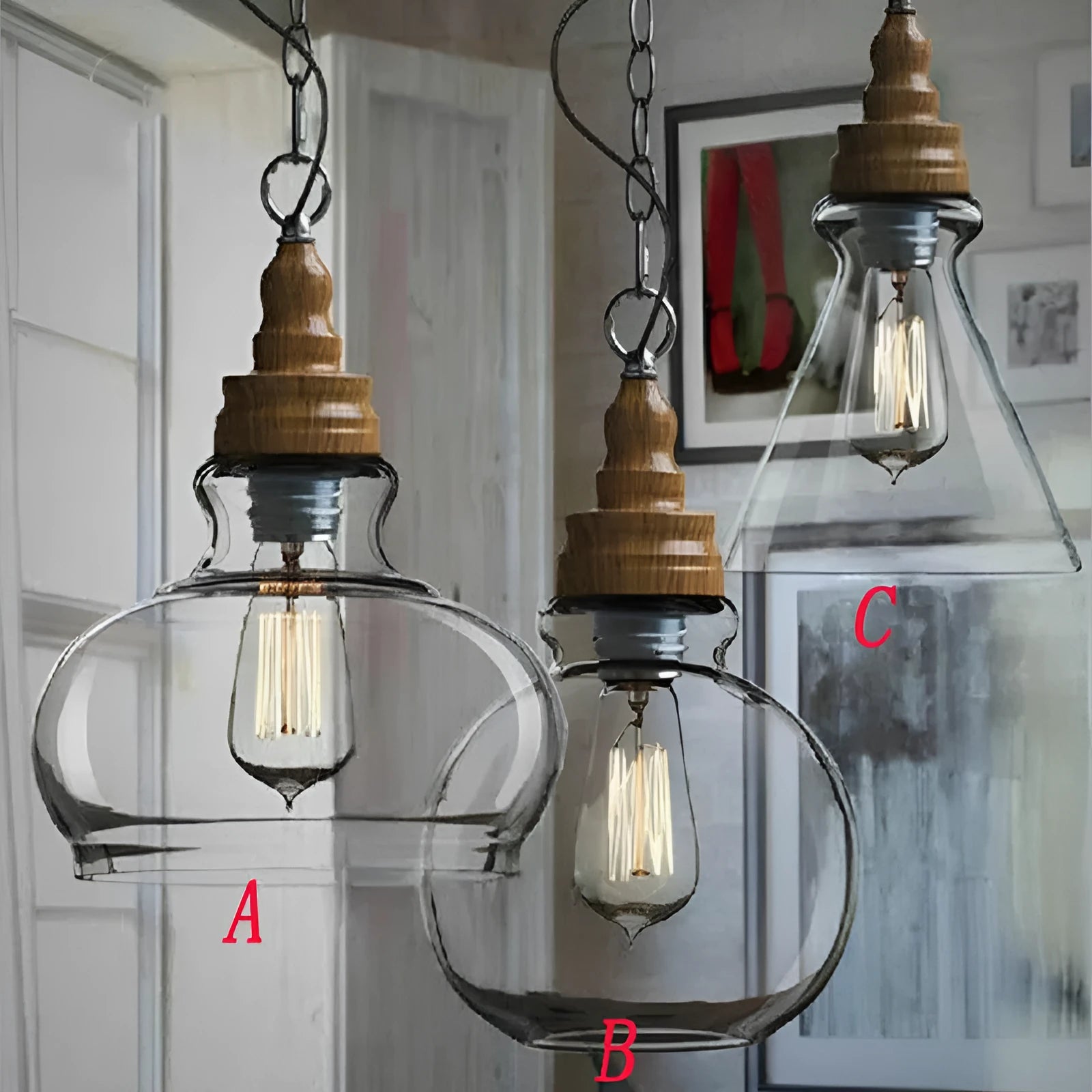Glass wood grain single head pendant light with adjustable cord in a Nordic style.