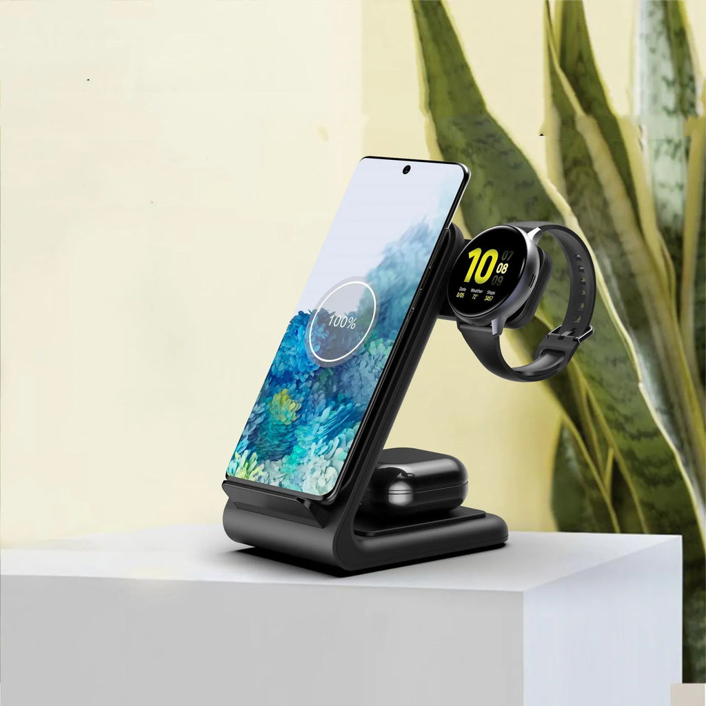 Three-in-one wireless charging bracket for iPhone, Samsung Galaxy Watch and TWS earbuds in black or white