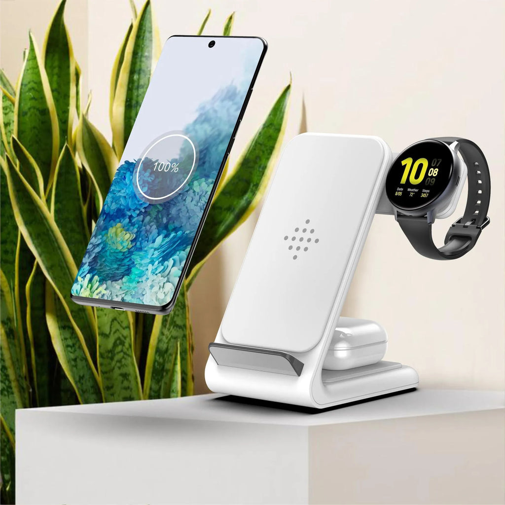 Three-in-one wireless charging bracket for iPhone, Samsung Galaxy Watch and TWS earbuds in black or white