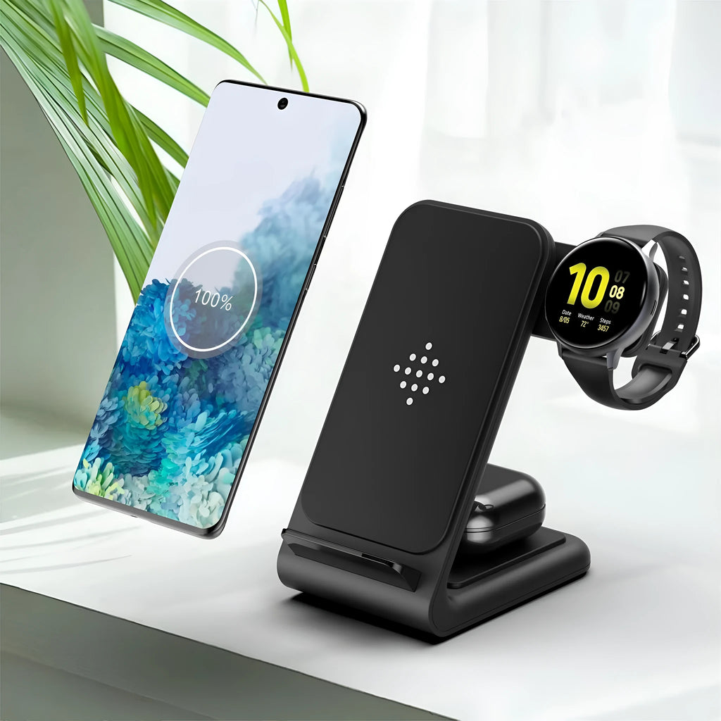 Three-in-one wireless charging bracket for iPhone, Samsung Galaxy Watch and TWS earbuds in black or white