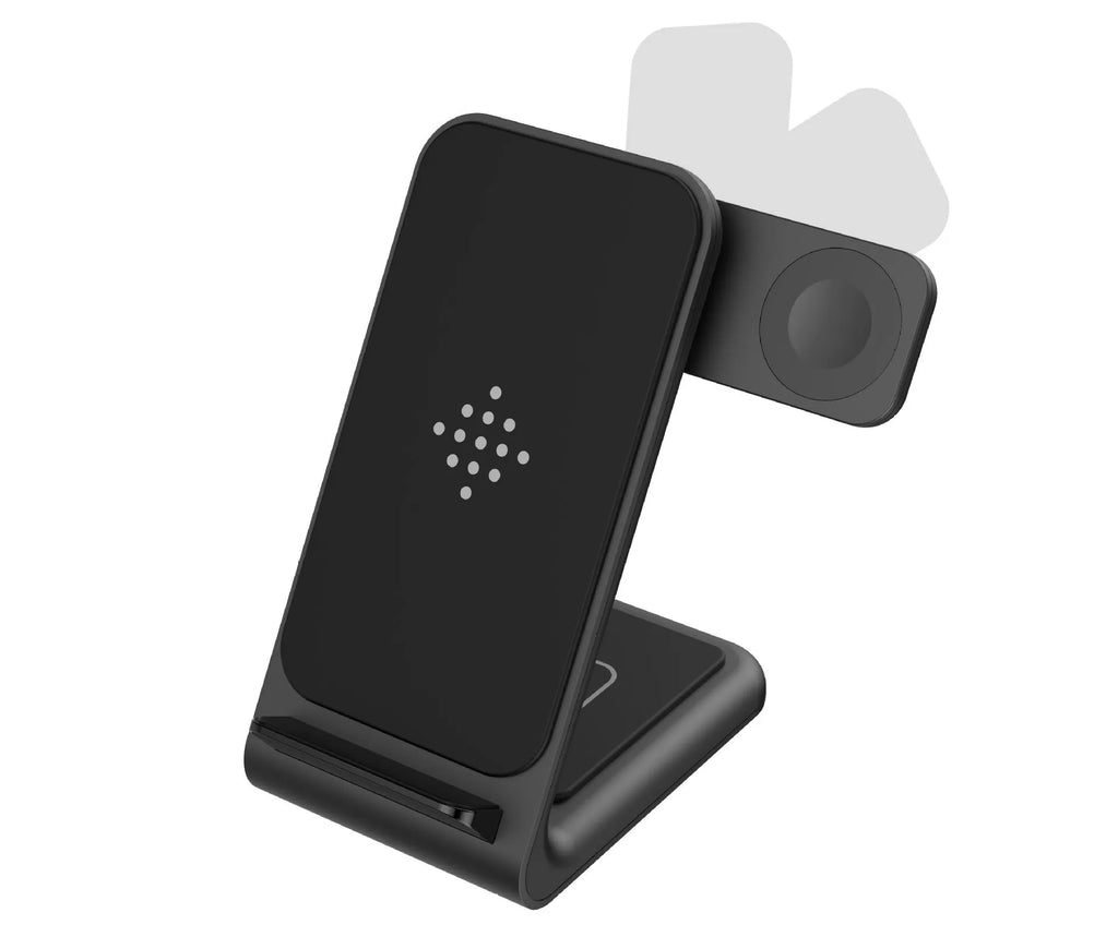 Three-in-one wireless charging bracket for iPhone, Samsung Galaxy Watch and TWS earbuds in black or white