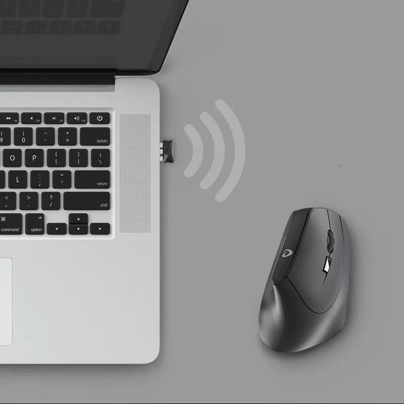 Vertical 2.4G wireless mouse in black with ergonomic shape, 1600dpi, and six buttons