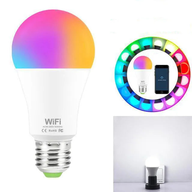 15W smart WiFi LED light bulb showing E27 and B22 fitting options with RGB colour display