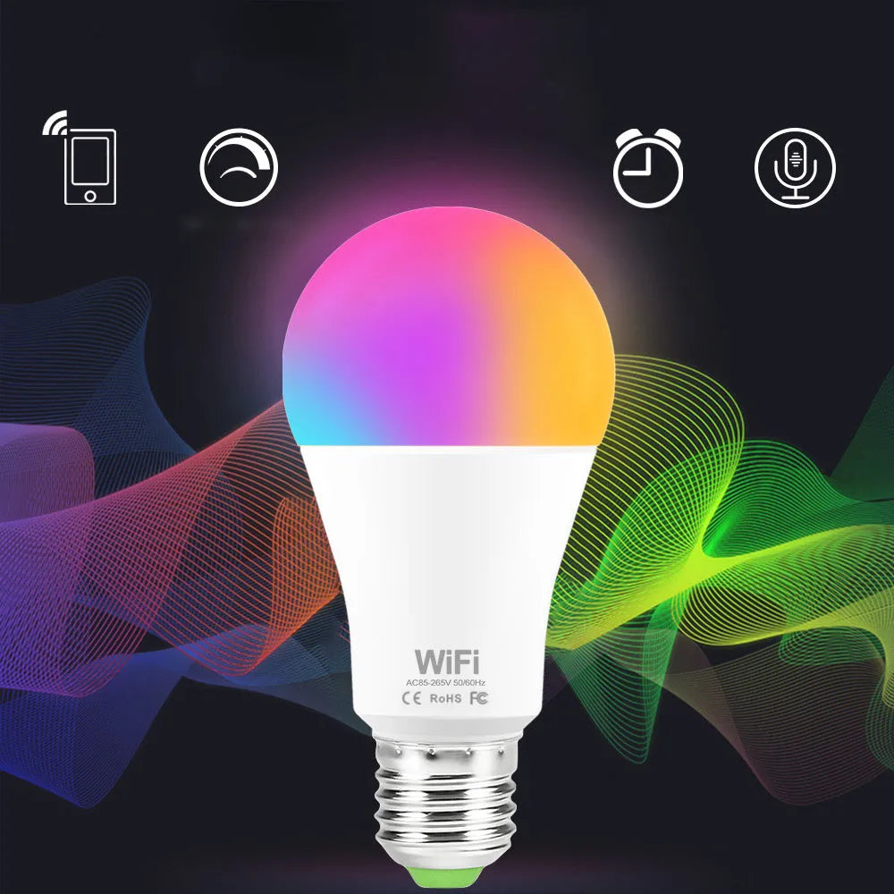 15W smart WiFi LED light bulb showing E27 and B22 fitting options with RGB colour display