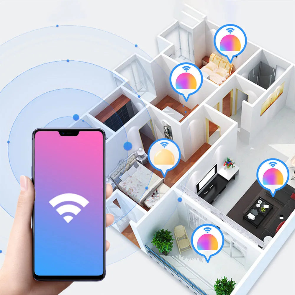 15W smart WiFi LED light bulb showing E27 and B22 fitting options with RGB colour display
