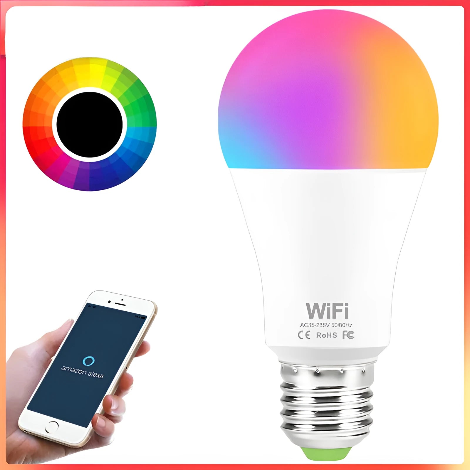 15W smart WiFi LED light bulb showing E27 and B22 fitting options with RGB colour display