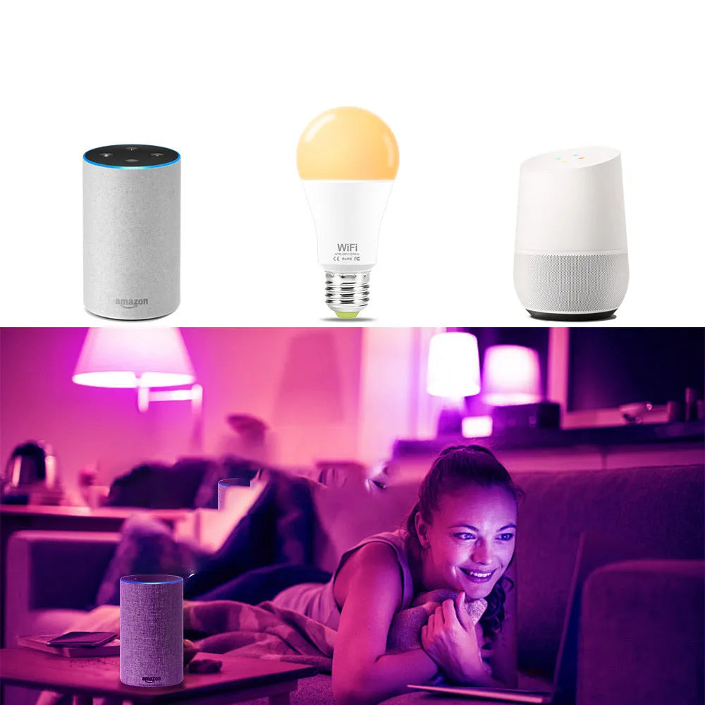 15W smart WiFi LED light bulb showing E27 and B22 fitting options with RGB colour display
