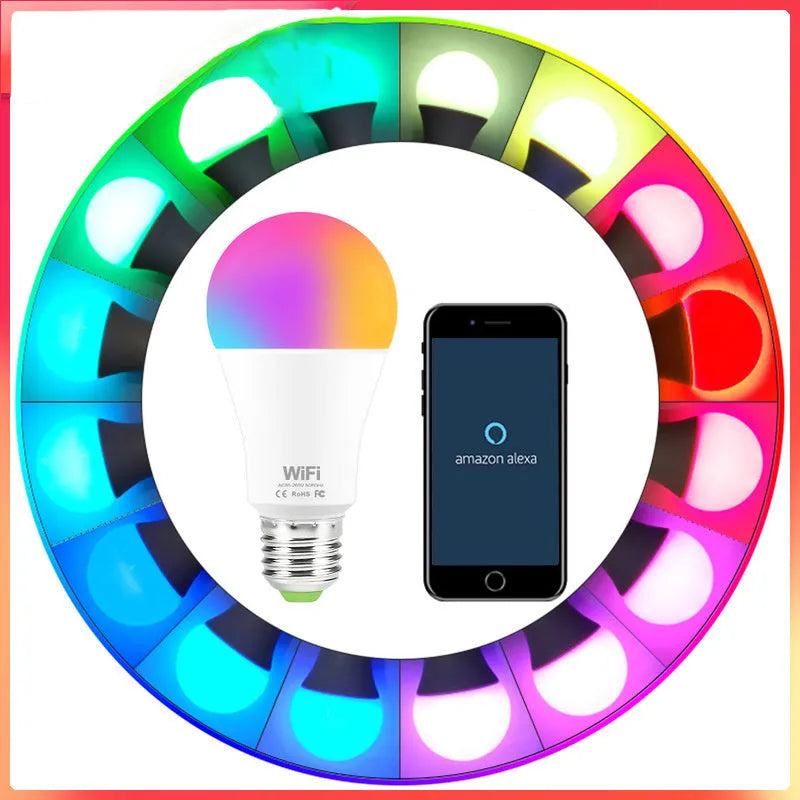 15W smart WiFi LED light bulb showing E27 and B22 fitting options with RGB colour display