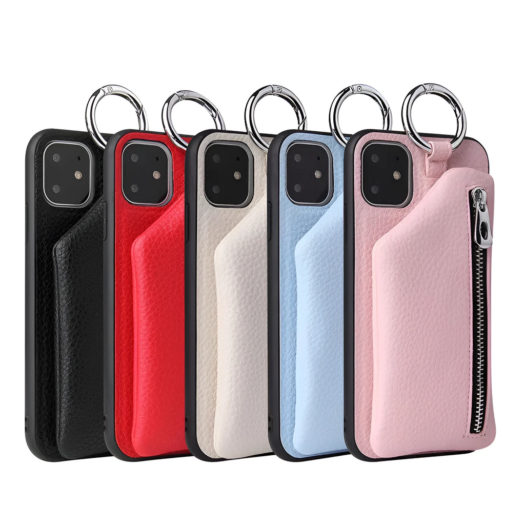 Pink PU leather iPhone wallet case with a detachable crossbody lanyard strap and a back coin purse.