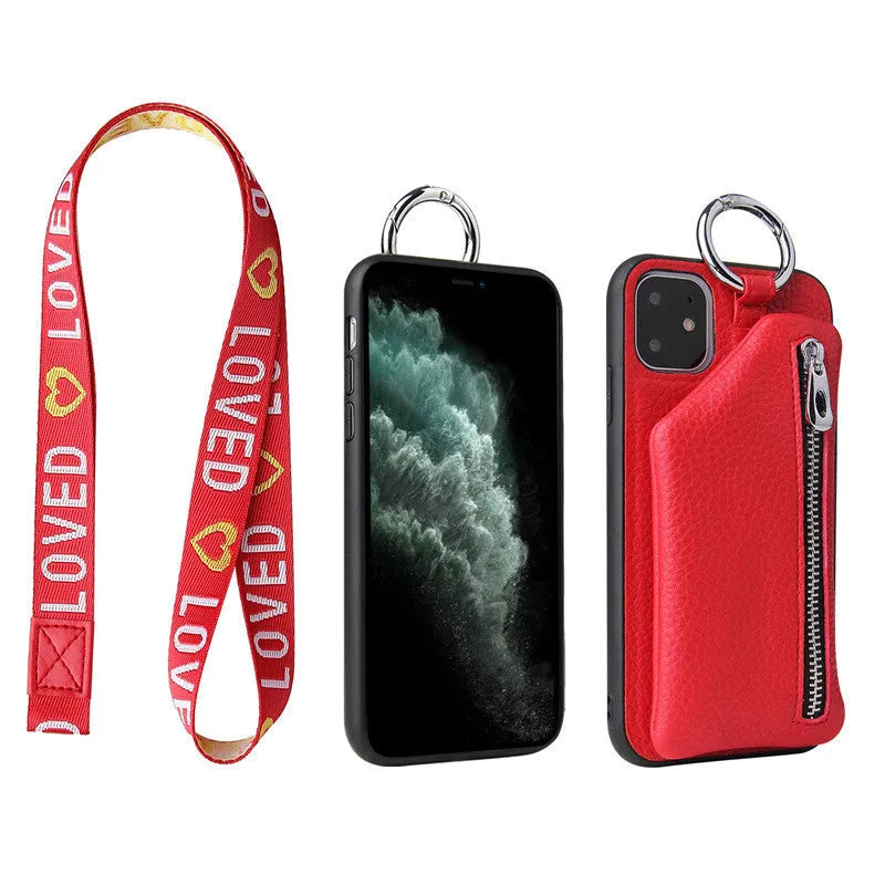 Pink PU leather iPhone wallet case with a detachable crossbody lanyard strap and a back coin purse.