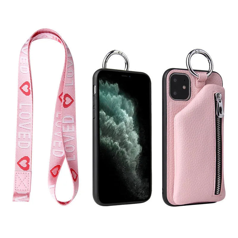 Pink PU leather iPhone wallet case with a detachable crossbody lanyard strap and a back coin purse.
