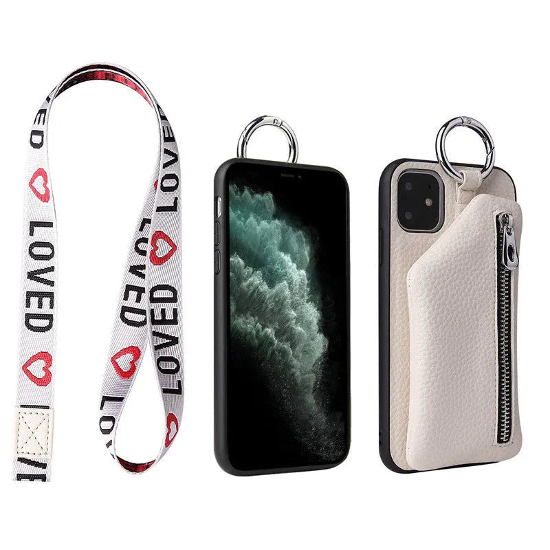 Pink PU leather iPhone wallet case with a detachable crossbody lanyard strap and a back coin purse.