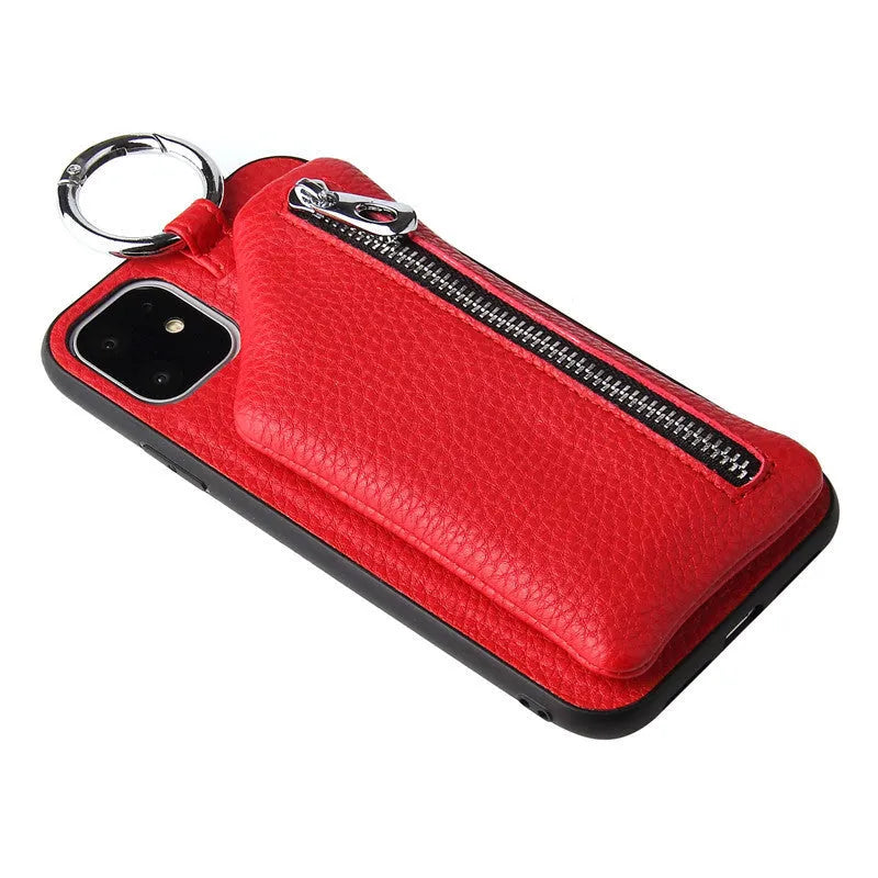 Pink PU leather iPhone wallet case with a detachable crossbody lanyard strap and a back coin purse.