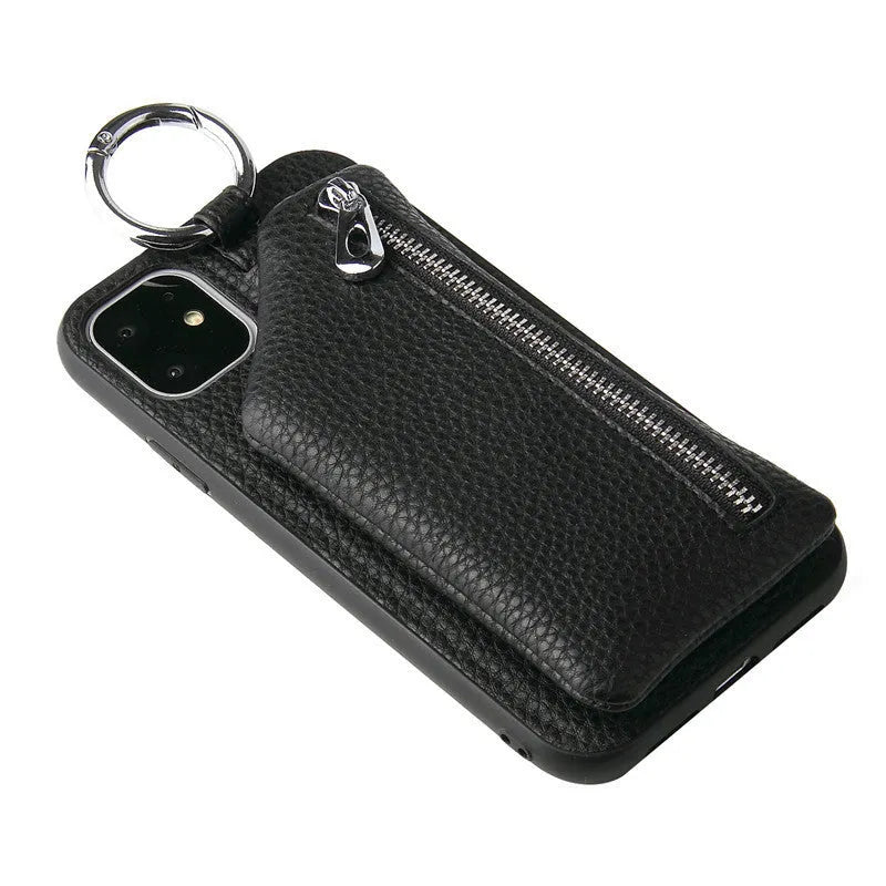 Pink PU leather iPhone wallet case with a detachable crossbody lanyard strap and a back coin purse.