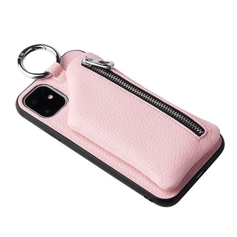 Pink PU leather iPhone wallet case with a detachable crossbody lanyard strap and a back coin purse.
