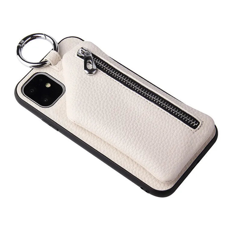 Pink PU leather iPhone wallet case with a detachable crossbody lanyard strap and a back coin purse.