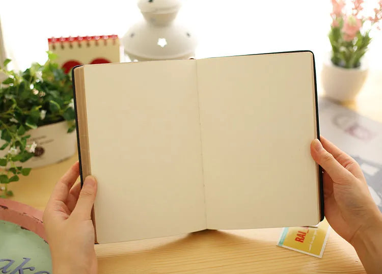 Jingu Super Thick Notebook with imitation leather cover, open showing heavyweight paper and 35mm thickness.