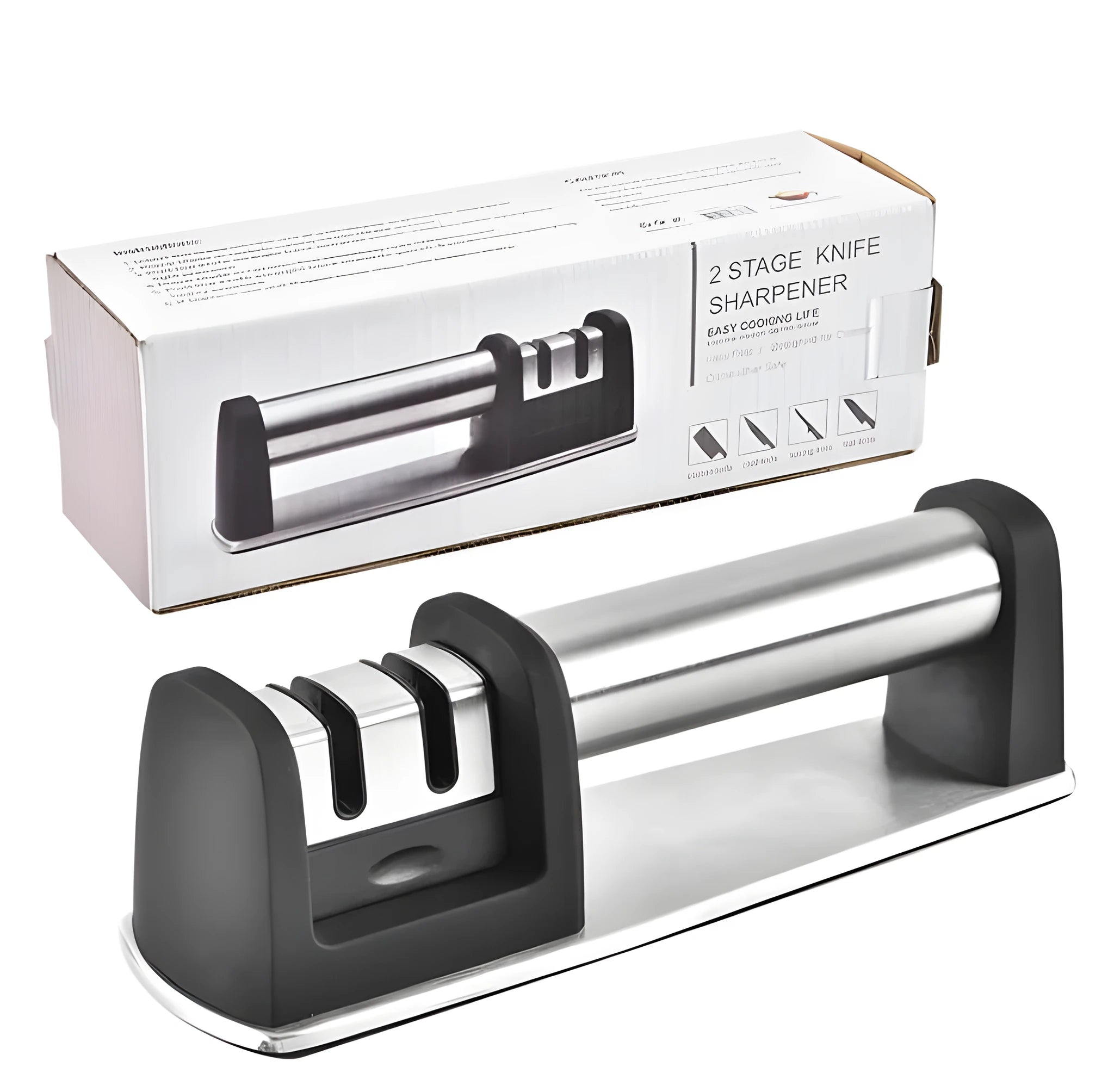 Black hand-held ABS kitchen knife sharpener on a white background.