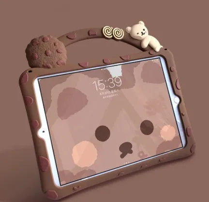 Brown cartoon-design silicone sleeve for an iPad tablet, shown with its integrated fold-out viewing bracket.