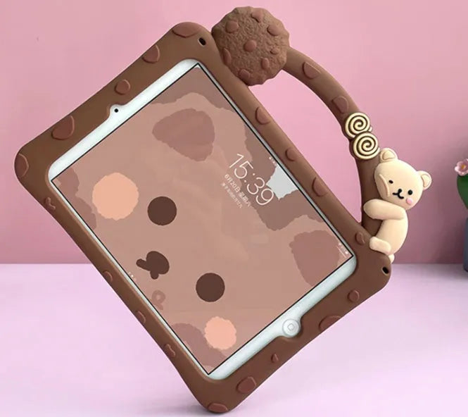 Brown cartoon-design silicone sleeve for an iPad tablet, shown with its integrated fold-out viewing bracket.