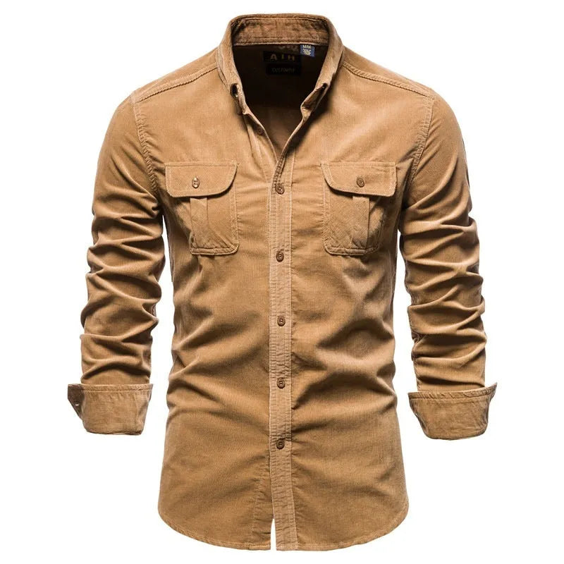 Men's denim blue linen long-sleeve casual shirt laid flat, showing button front and relaxed fit.