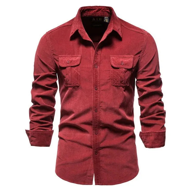 Men's denim blue linen long-sleeve casual shirt laid flat, showing button front and relaxed fit.