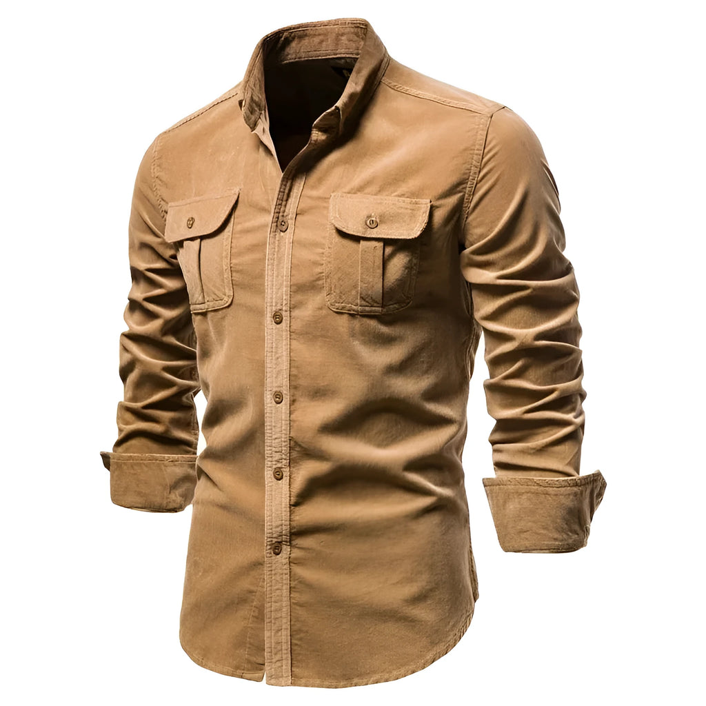 Men's denim blue linen long-sleeve casual shirt laid flat, showing button front and relaxed fit.
