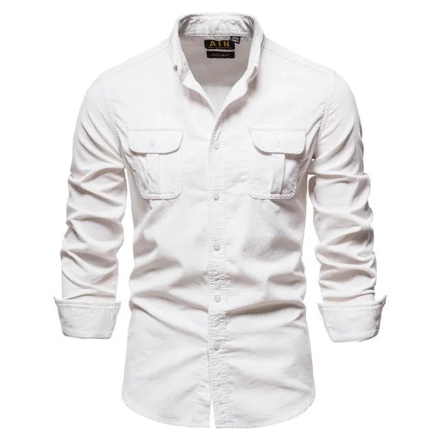 Men's denim blue linen long-sleeve casual shirt laid flat, showing button front and relaxed fit.