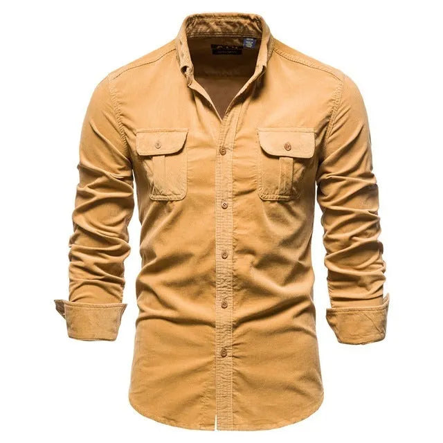 Men's denim blue linen long-sleeve casual shirt laid flat, showing button front and relaxed fit.