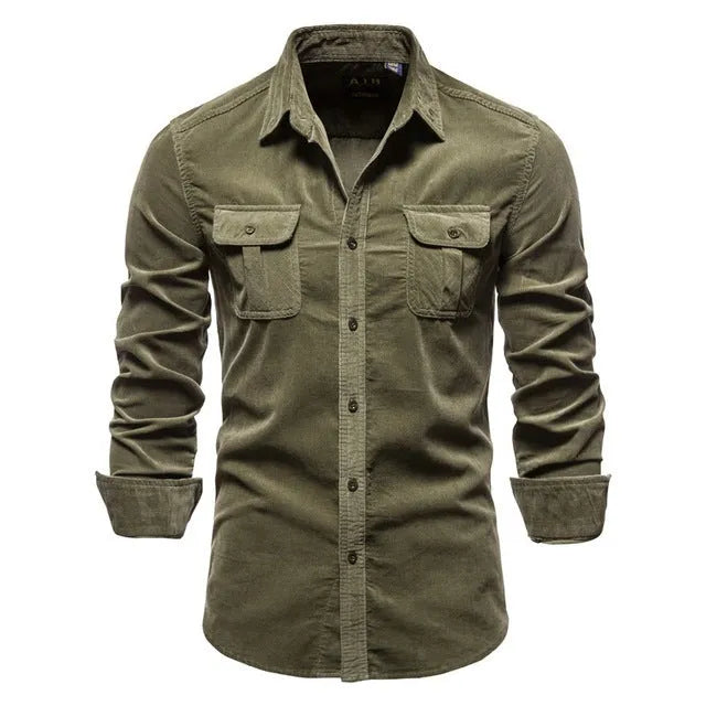 Men's denim blue linen long-sleeve casual shirt laid flat, showing button front and relaxed fit.