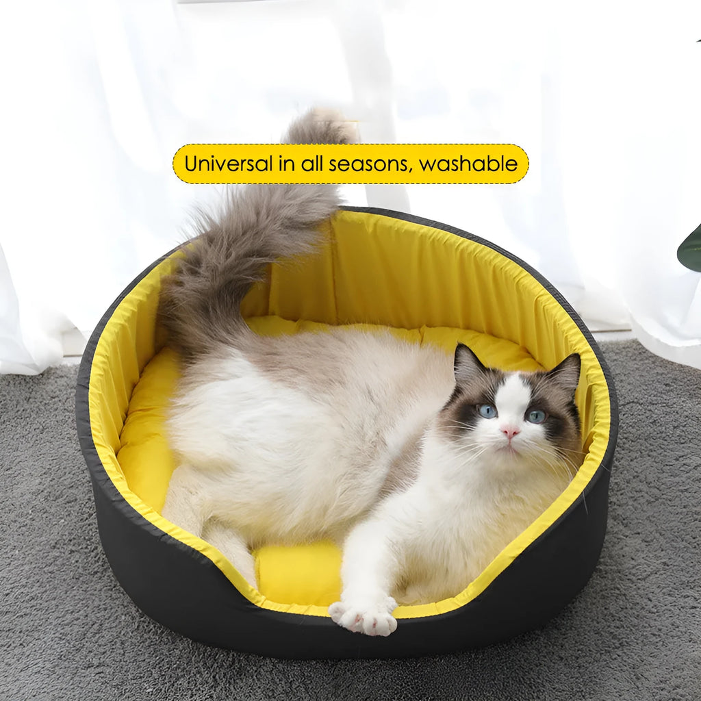 Washable cloth pet kennel for cats and dogs in green, shown in a home setting.