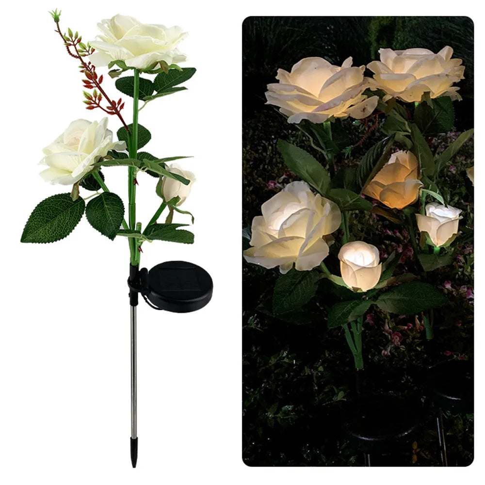 Outdoor solar rose garden light with three silk cloth flower heads on 80cm stainless steel and PVC stem