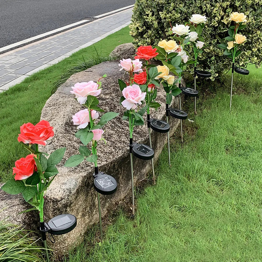 Outdoor solar rose garden light with three silk cloth flower heads on 80cm stainless steel and PVC stem