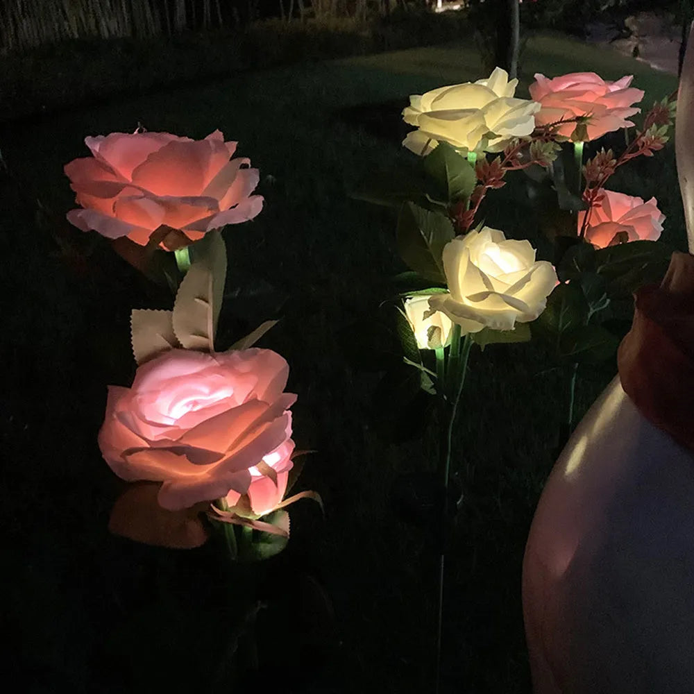 Outdoor solar rose garden light with three silk cloth flower heads on 80cm stainless steel and PVC stem