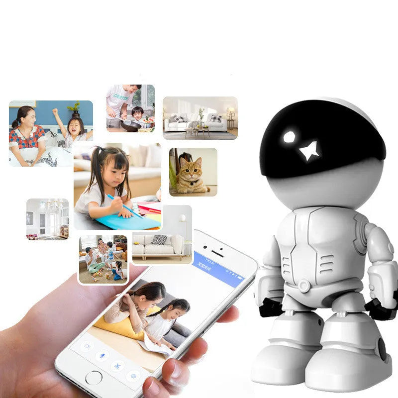 Silver network surveillance camera with infrared LEDs showing 355-degree rotation capability and wide-angle lens