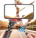 Black aluminium iPhone tripod monopod with video stabiliser extended to full height with phone attached