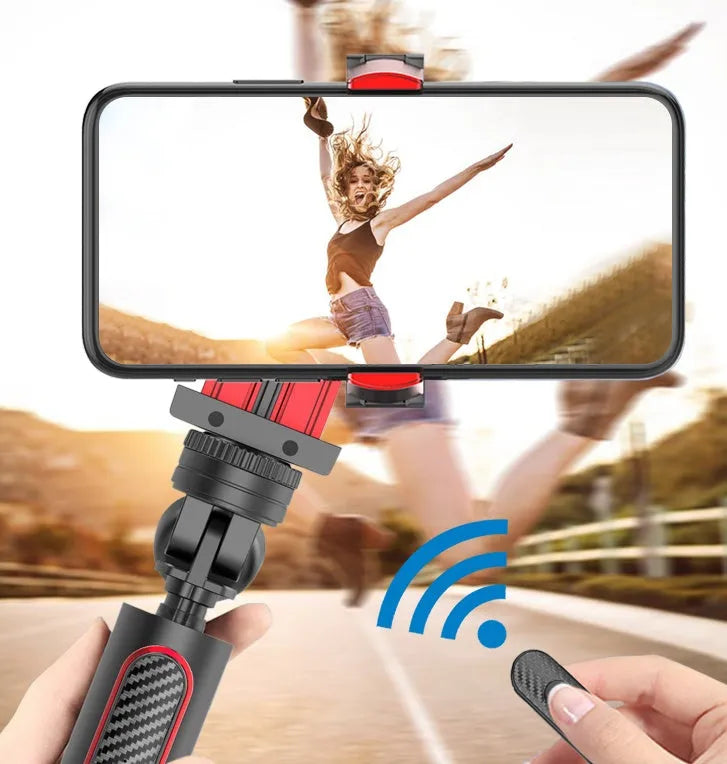 Black aluminium iPhone tripod monopod with video stabiliser extended to full height with phone attached