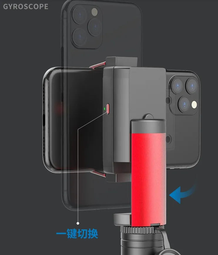 Black aluminium iPhone tripod monopod with video stabiliser extended to full height with phone attached
