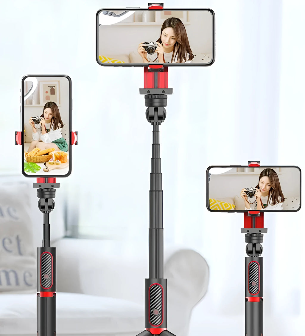 Black aluminium iPhone tripod monopod with video stabiliser extended to full height with phone attached