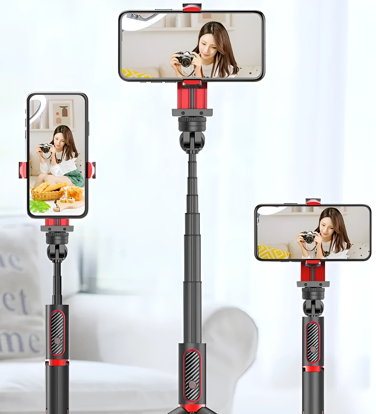 Black aluminium iPhone tripod monopod with video stabiliser extended to full height with phone attached