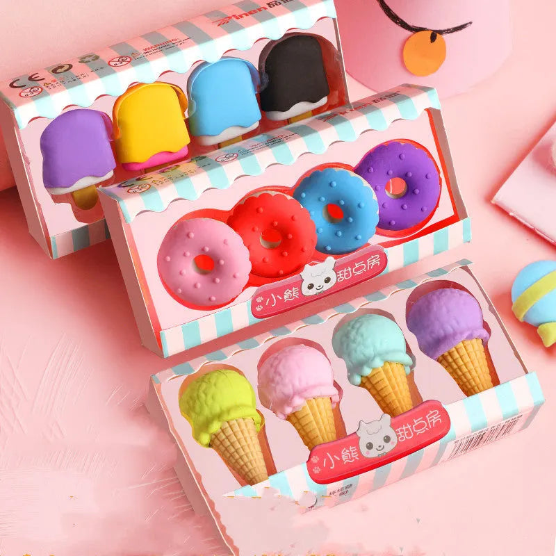 Pack of 12 colourful cartoon erasers shaped like ice cream, donuts, and lollipops for children.