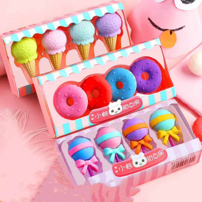 Pack of 12 colourful cartoon erasers shaped like ice cream, donuts, and lollipops for children.