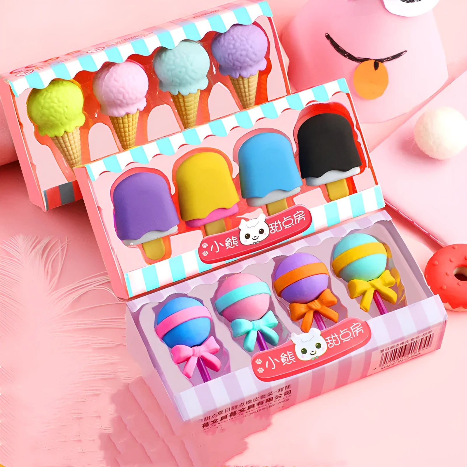 Pack of 12 colourful cartoon erasers shaped like ice cream, donuts, and lollipops for children.