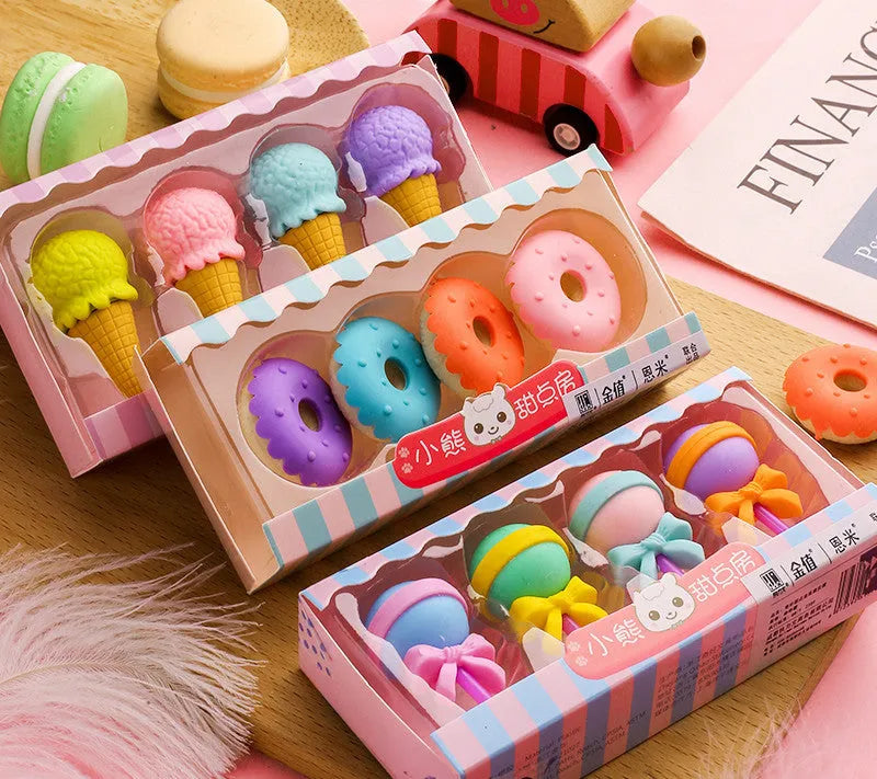 Pack of 12 colourful cartoon erasers shaped like ice cream, donuts, and lollipops for children.