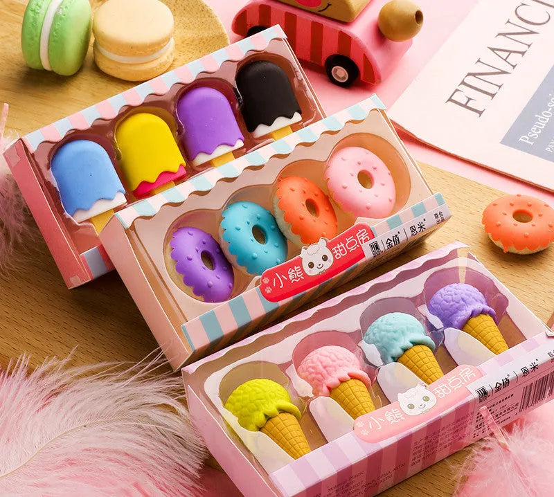 Pack of 12 colourful cartoon erasers shaped like ice cream, donuts, and lollipops for children.