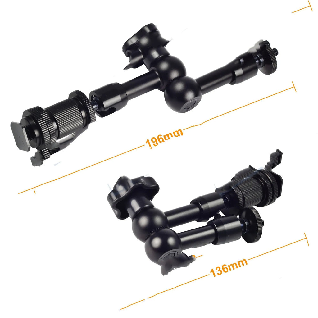Black all-metal 7-inch magic friction arm with ball heads and hot shoe mount for DSLR cameras